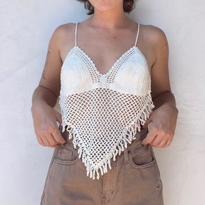 LF white crochet knit triangle festival top with fringe